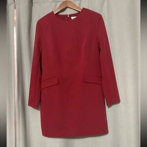 H&M Red Long-Sleeve Shift Dress with Pocket Flaps